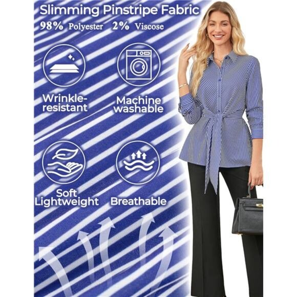 Peplum Tops Tie Front Striped Blouse Blue - Picture 3 of 6